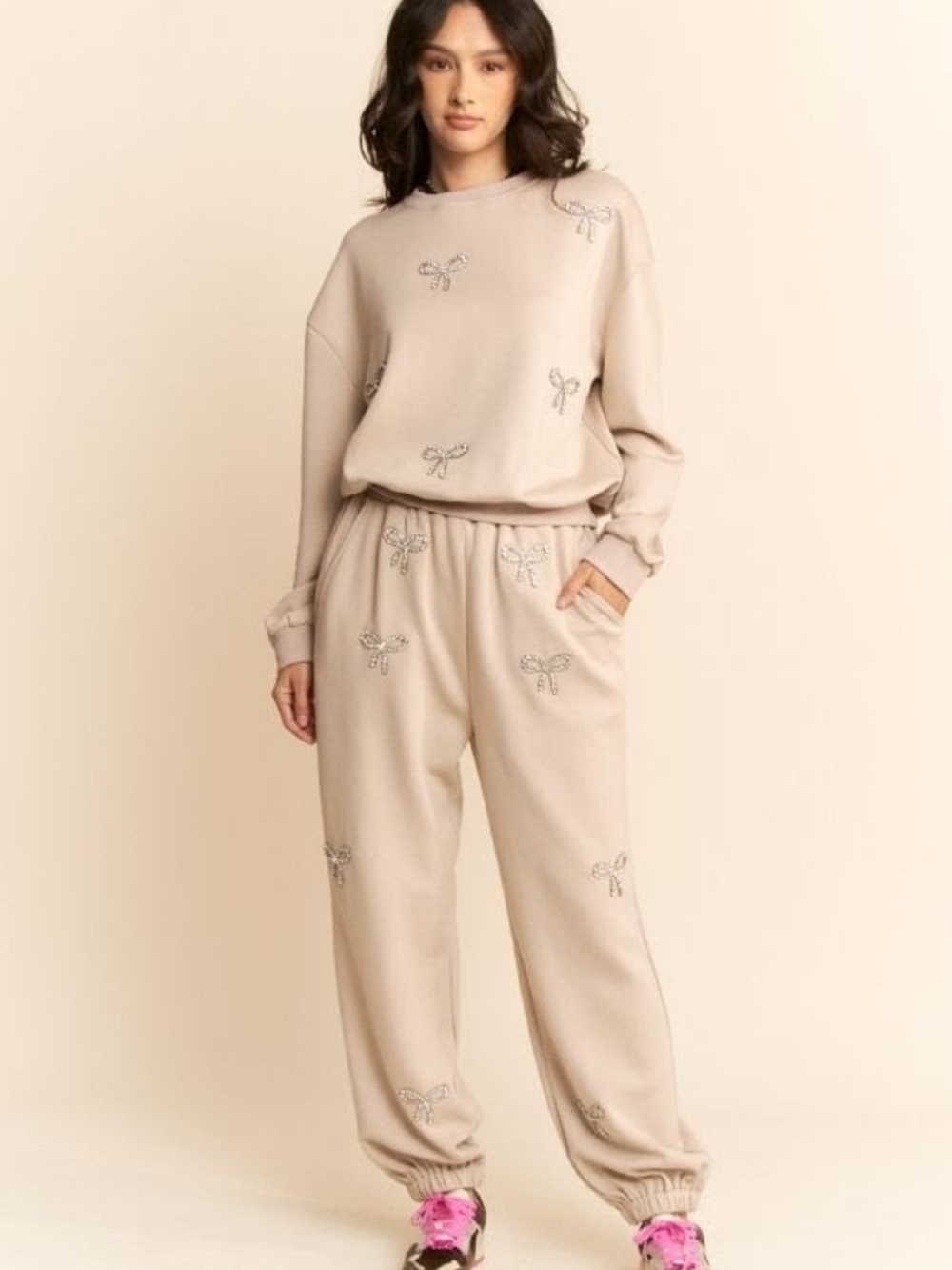 Beige Rhinestone Bow Embellished Scuba Knit Sweatshirt and Jogger Set